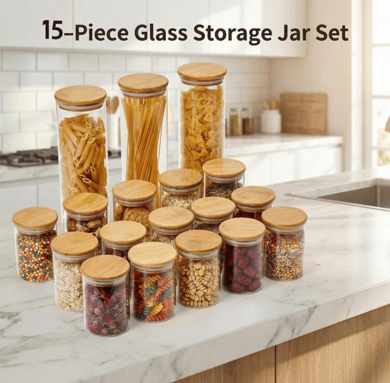 Glass Pantry Organization Set with Airtight Bamboo Lids