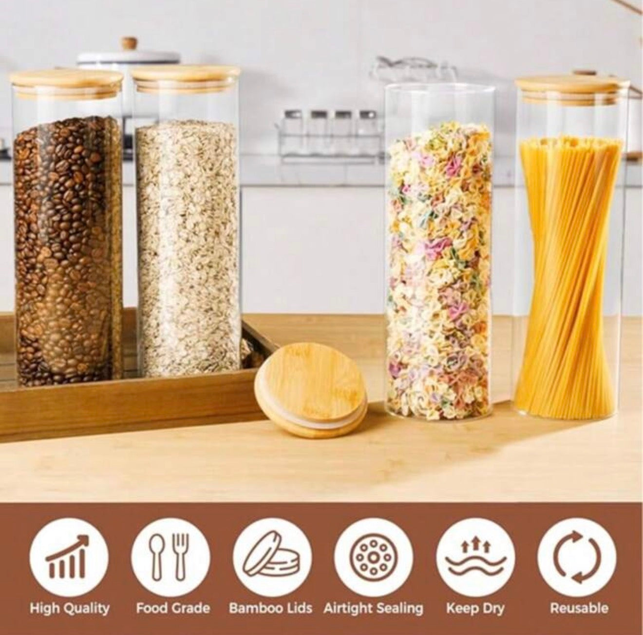 Glass Pantry Organization Set with Airtight Bamboo Lids